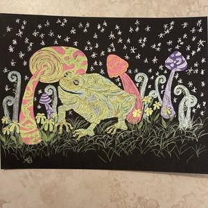 Unframed Original Art Drawing Mystical Frog Ferns n’ Mushrooms Illustration